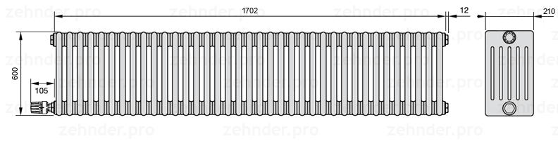 Схема (чертеж) Радиатор Zehnder Charleston 6060/37 №V003 Белый глянцевый RAL 9016